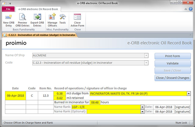 e-orb.proimio.com e-ORB electronic Oil Record Book eORB Data Entry Screenshot